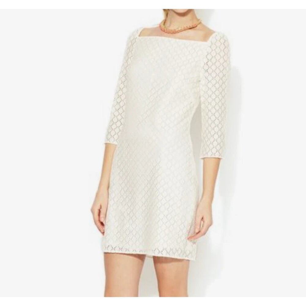 TRINA TURK Lace Dress Size 2 Ivory Mini 3/4 Sleeve Lined Square Neck Bride EUC